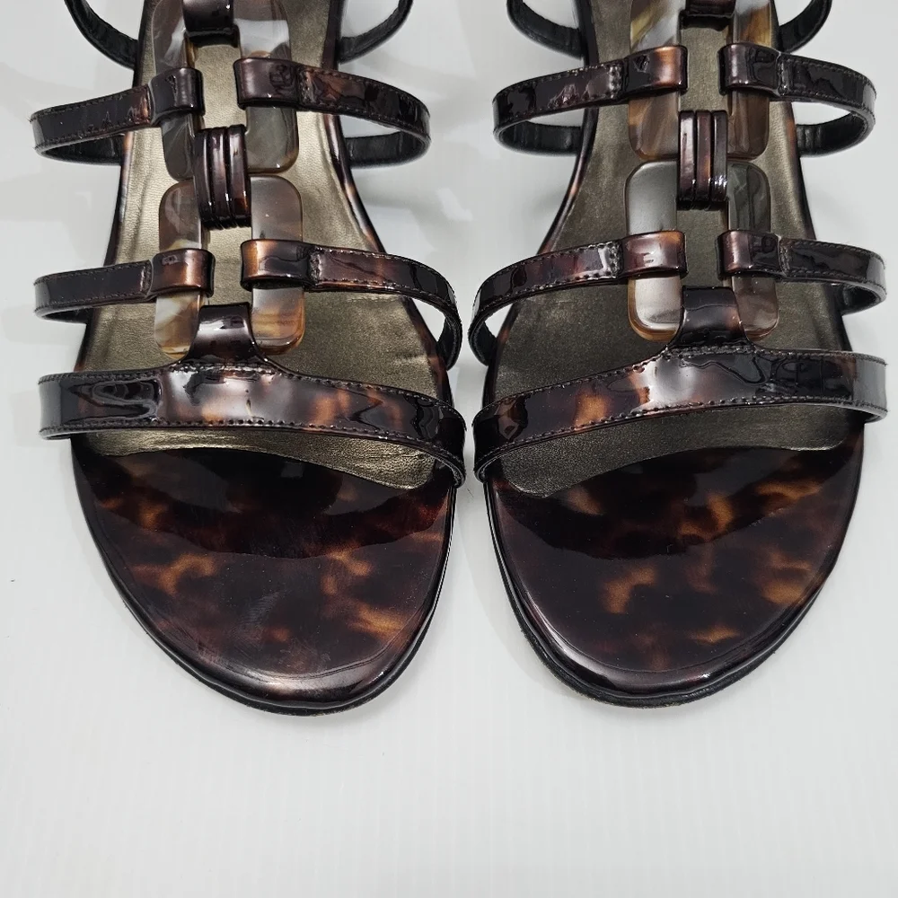 Stuart Weitzman Sandal Women 7 WIDE Tortoise Shell Brown Leather Strappy Wedge